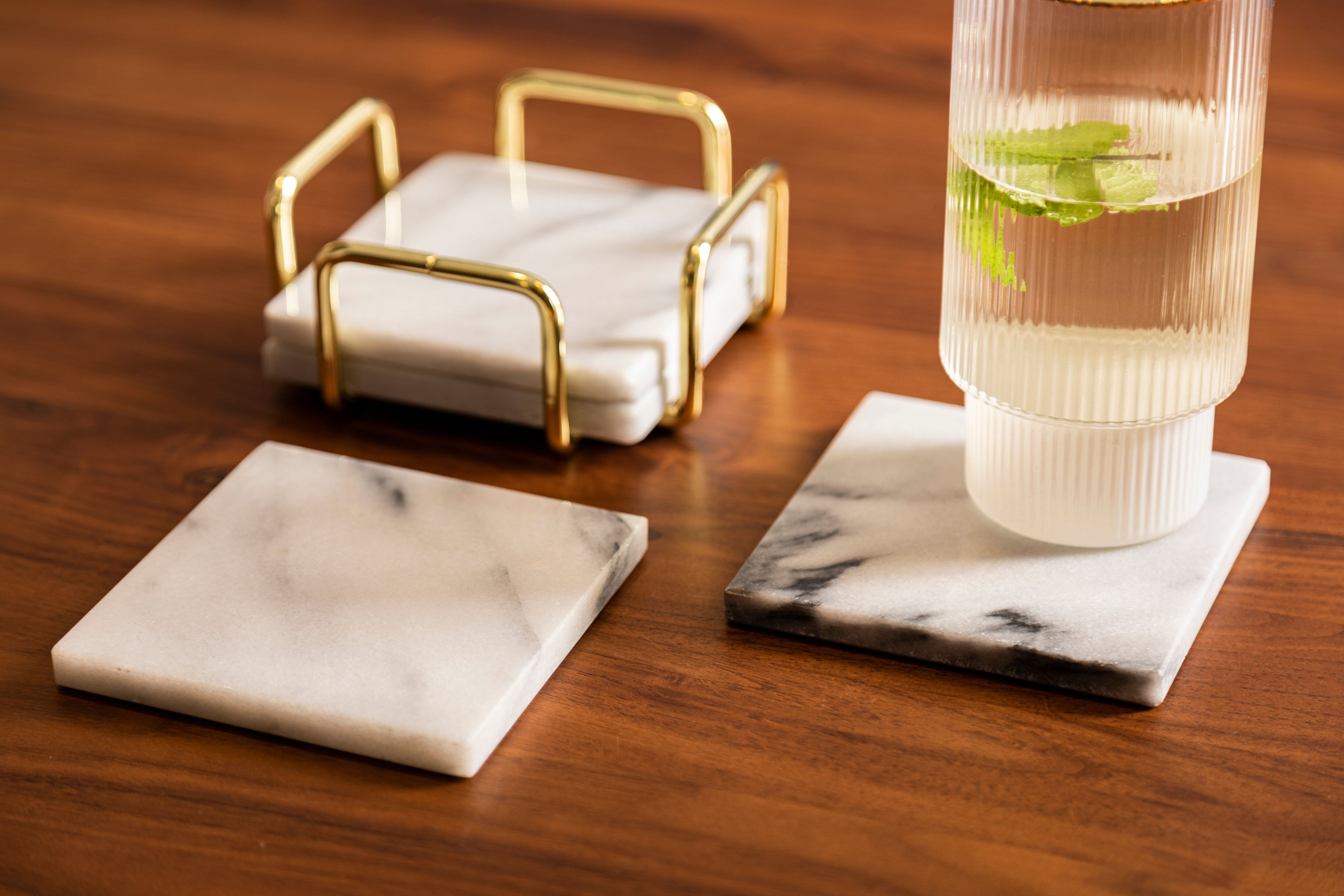 Set of 4 Trevi White Marble Coasters with Brass Finish Holder